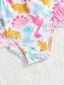 Conjunto de camiseta de protección solar y bikini con volantes para niñas, camiseta de manga larga con estampado de dinosaurio de colores pastel, Bottom de natación con volantes, adecuado para la playa, la piscina y las actividades acuáticas diarias - Rosa - Ver 6