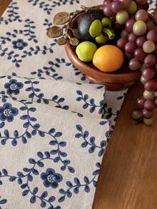 1pc Spring & Summer Fresh Blue Floral Rectangular Table Runner, Farmhouse Style, Washable Dining Table, Coffee Table, Cabinet Cover Cloth, Tabletop Decor, Suitable For Countryside Gatherings, Picnics, Parties, Festivals, All Seasons, Spring & Summer - Blue Willow Flowers - View 2
