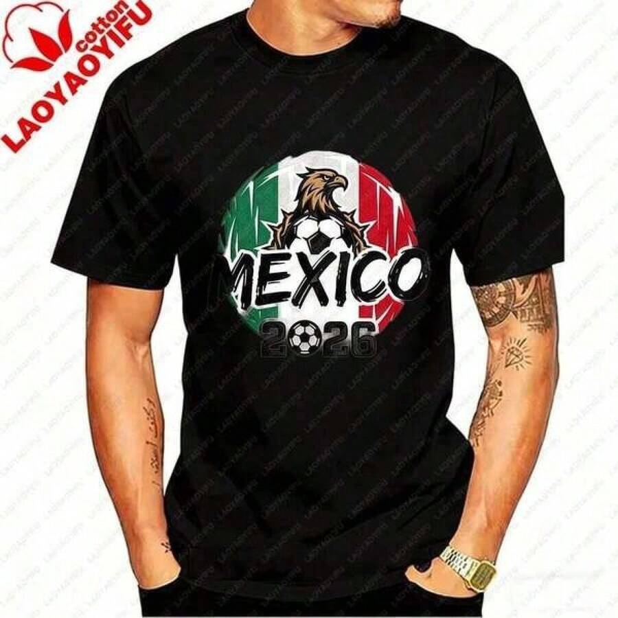 Camiseta con la Bandera de México 2026 y Diseño de Salpicaduras de Pintura, Regalo Perfecto para Aficionados al Fútbol Mexicano y Seguidores de la Selección Nacional - Negro - Ver 1