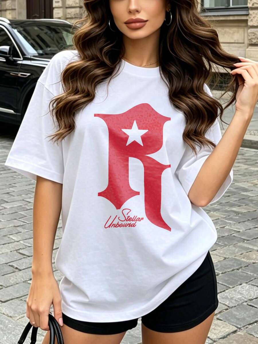 Women's Summer Casual Soft Round Neck Short Sleeve T-Shirt,The Star Letter R Print Graphic Is Suitable For Daily Wear In Spring And Summer.White - White - View 1