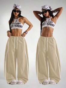 HypeZone Pantalones deportivos casuales de pierna ancha con cintura con cordón - Caqui - Ver 12