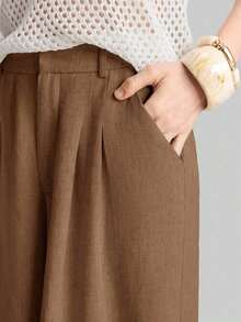 Ontre 2026SS Nuevos pantalones de pierna ancha para mujer, pantalones casuales y sueltos con cintura plisada, adecuados para estilo bohemio, Ibiza, vacaciones, festivales, invitados de boda, oficina, maestros, vuelta al colegio, con bolsillos, ajuste relajado, elegante estilo urbano chic, pantalones versátiles para mujer para primavera/verano - Marrón - Ver 8