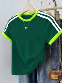 Camiseta casual de mujer con rayas laterales de color contrastante, estilo universitario para uso diario de manga corta, top deportivo de verano minimalista de patchwork retro a rayas - Multicolor - Ver 6