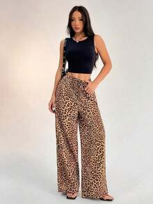 PETITE Pantalones anchos de estampado de leopardo para mujer - Multicolor 3 - Ver 3