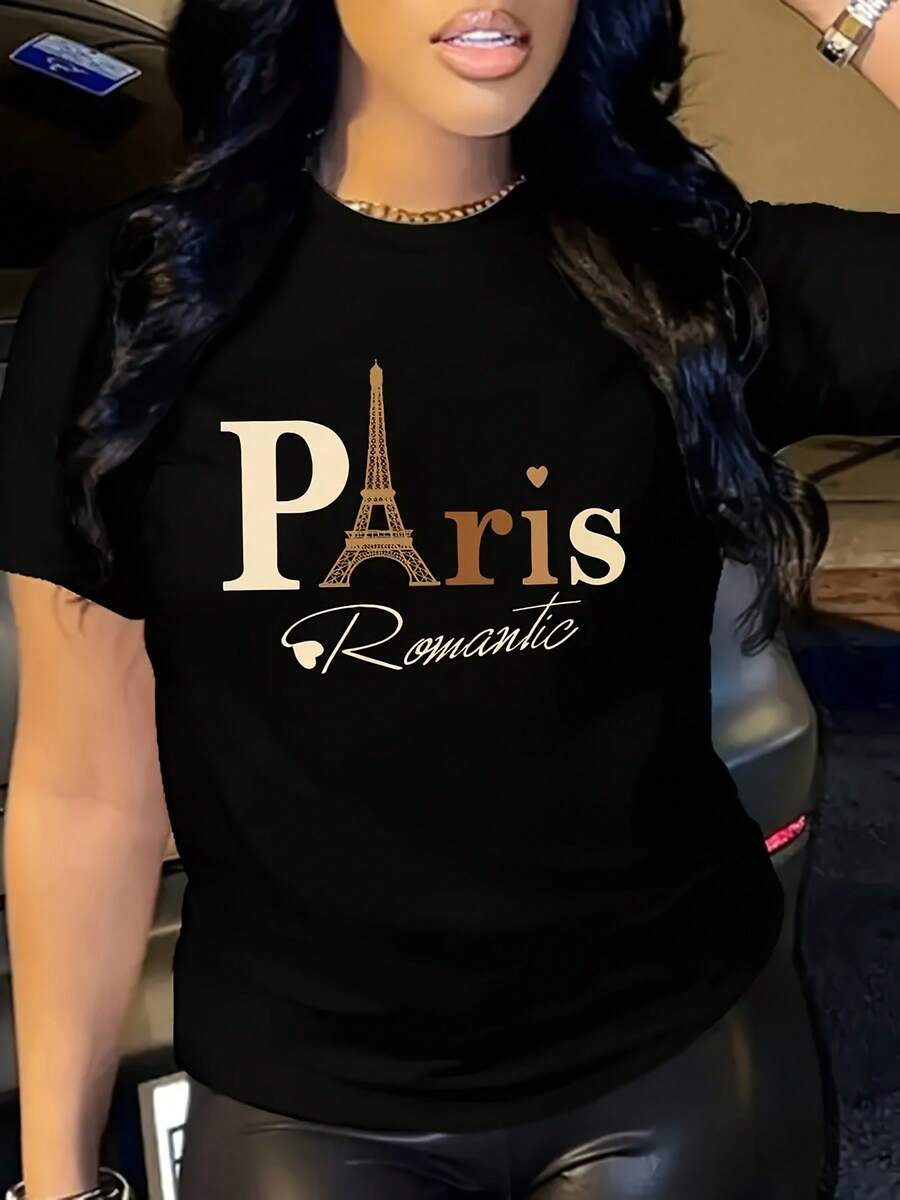 [Women's Eiffel Tower Shirt] Elegant Women's Shirt - Ladies' Paris Romantic Eiffel Tower Letter Print T-Shirt - Suitable For All Seasons - 黑色 - 查看 1