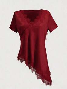Women's T-Shirt With Ruffled Collar And Lace, Elegant And Fashionable, Suitable For Valentine's Day, Weddings, Holidays, Casual Outings, Parties, With An Asymmetrical Hem And Stretchy Fabric - 紅色的 - 查看 7