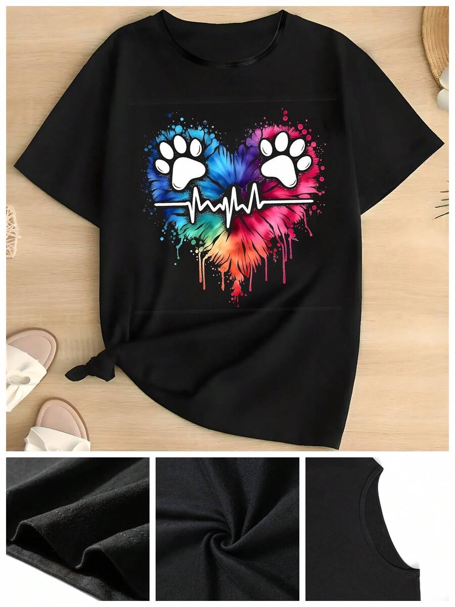 Talla Grande - Talla Grande - Top Casual de Manga Corta para Mujer con Estampado Gráfico de una Pata y Corazón, Hecho de una Materia Suave y Adecuada para Lavado a Máquina