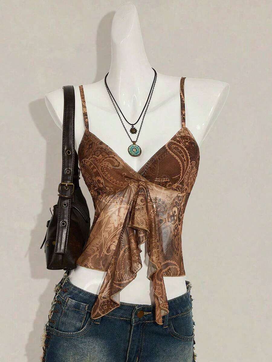 ICON Camisola Ajustada con Cuello en V y Volantes, Estampado Paisley Teal, Estilo Bohemio Retro Sexy Y2K para Mujer - Marrón - Ver 1