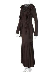 Women's Autumn Dress, European Style, Long Sleeve With Ruffles, Ties, Fitted Waist, Elegant And Modern Fashion - 棕色 - 查看 9