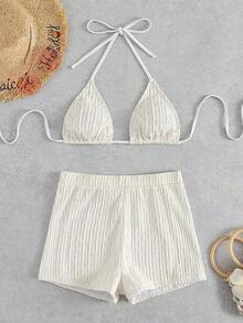 2 piezas Conjunto de bikini de unicolor con textura, tipo halter, adecuado para vacaciones de verano en la playa - Beis - Ver 5