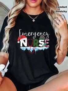 Size - Women's Casual Crew Neck T-Shirt - 100% Stretchy And Breathable With Emergency Nurse Christmas Graphic, Festive Symbols And All-Season Comfort, Machine Washable, Christmas Gift For Healthcare Workers, Nurse Blouse - 黑色 - 查看 7
