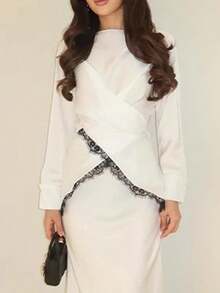 Women's Elegant Commuter Color Block Lace Patchwork Round Neck Long Sleeve Asymmetric Blouse. Solid Woven Fabric With Buttons White - White - View 6