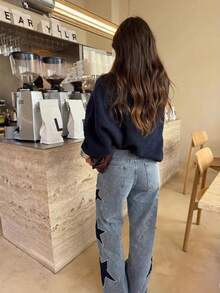 Pantalones vaqueros rectos holgados con parches de estrella estilo retro - Azul - Ver 5