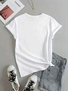 Women's Pure Cotton T-Shirt, Relaxed Fit, Short Sleeves, Round Neck, Geometric Print, Machine Washable, Casual And Party Wear, Essential For Spring And Summer, Local Shipping, Cotton T-Shirts, Easy Care Cl - 白色的 - View 3