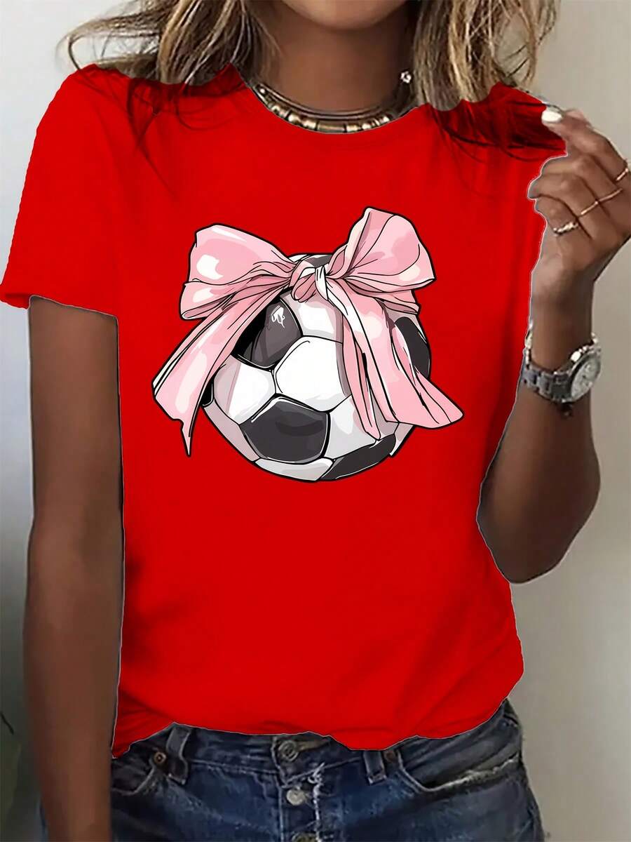 Women's Casual Short-Sleeved Sports T-Shirt With Football Print - 紅色 - 查看 1