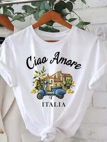 Women's Casual Short-Sleeved T-Shirt, Round Neck, Blue With Yellow And Orange House Print, Scooter Style, Comfortable Fit And Classic Design. - 白色 - 查看 7