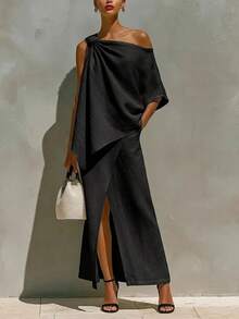 Summer Outfits For Women, Off Shoulder Top Matched Midi Skirt Linen Cotton Two Piece Set, Casual - 白色 - 查看 6