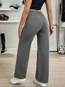 Jeans de mezclilla de pierna ancha recta de diseño simple con cintura alta para mujeres a la moda - Gris 2 - Ver 2