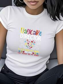Women's T-Shirt Made Of Pure Cotton, Casual Loose Style, With A Kindergarten Teacher Heart Print, Short Sleeves And Round Neck, Unique And Fashionable, Elegant And Versatile, Suitable For Casual Daily Wear, Parties, Dates And As An Excellent Gift. - 白色 - 查看 1