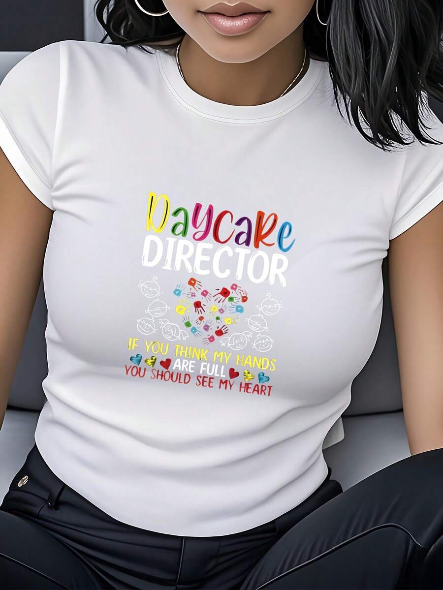 Women's T-Shirt Made Of Pure Cotton, Casual Loose Style, With A Kindergarten Teacher Heart Print, Short Sleeves And Round Neck, Unique And Fashionable, Elegant And Versatile, Suitable For Casual Daily Wear, Parties, Dates And As An Excellent Gift. - 白色 - 查看 1