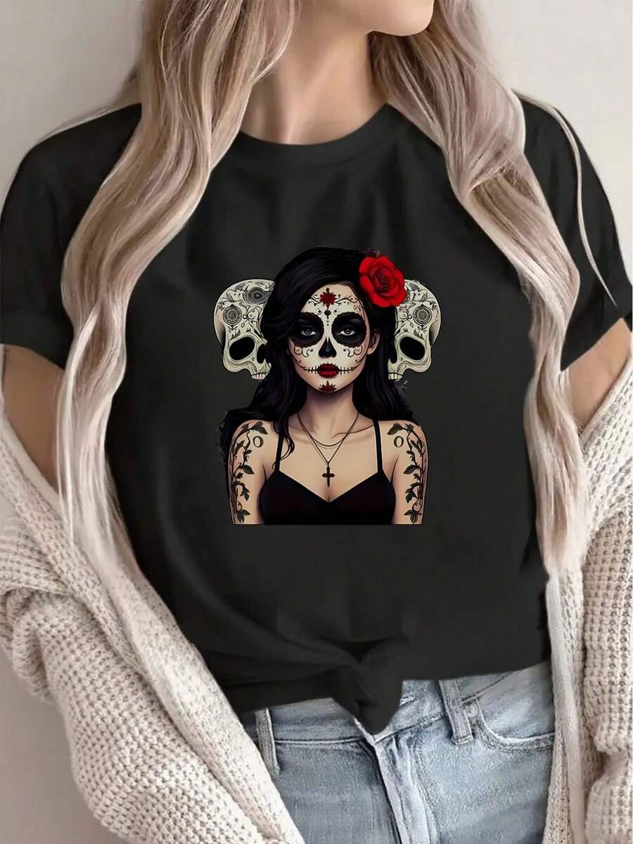 Women's T-Shirt: Casual 's T-Shirt, Decorated With A Sugar Skull Design, Comfortable And Stylish, Suitable For Halloween Parties, Day Of The Dead Celebrations, And Everyday Wear. Women's T-Shirts. - 黑色 - 查看 1