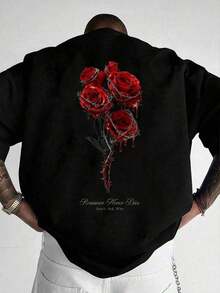 Camiseta de hombre de cuello redondo y manga corta con estampado de rosa espinosa, estilo minimalista de ropa de calle Y2K de unicolor, lavable a máquina para uso casual al aire libre - Negro - Ver 9