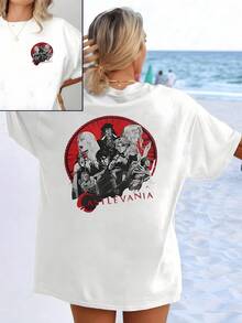 A Symbol Of Strength And Mystery With Heroic Figures Linked Under A Red Circle That Evokes Energy And Power. A Modern And Comfortable Double-Print Women's T-Shirt For Everyday Wear. - 白色 - 查看 1