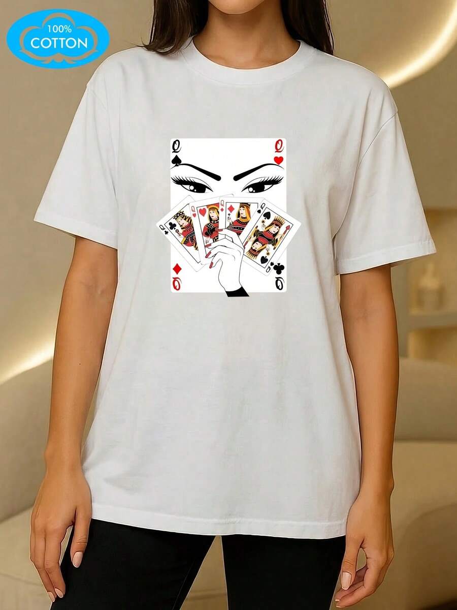 Women's 100% Cotton T-Shirt, Round Neck And Short Sleeve, With Queen Badge Print, Suitable For All Seasons, Loose, Comfortable, Breathable, Sweat-Absorbing, Casual Sporty Style, Pure Cotton Short Sleeve T-Shirt For Women. - 白色 - 查看 1