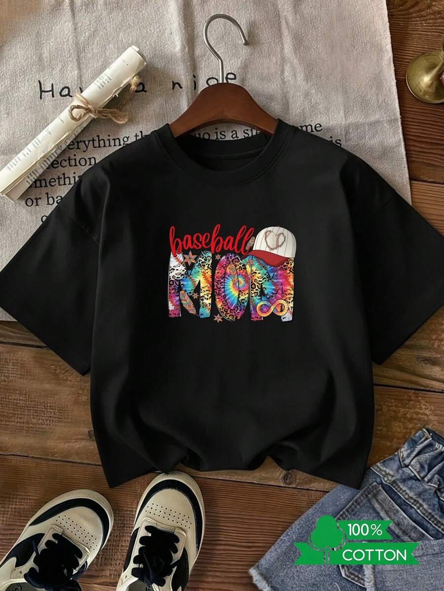Women's T-Shirt With Round Neck And Anime Letter Print, Simple Design, Comfortable And Breathable, Suitable For Everyday Casual Wear, Showing A Natural And Elegant Style, A Must-Have For Summer Parties, Local Shipping BaseballMOM. - 黑色 - 查看 1