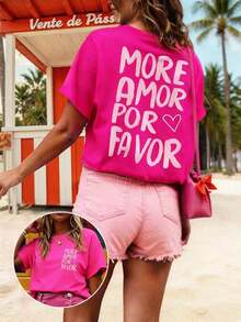 Women's T-Shirt, Casual Urban Style, Short Sleeve Graphic T-Shirt, Cute Summer T-Shirt - 亮粉紅色 - 查看 6
