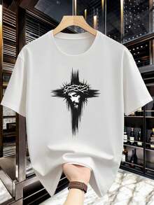 Men's T-Shirt With Cross Print - Casual Short Sleeve Navy Blue T-Shirt, Thorns And Holy Chalice Design, Religious Icon, Crew Neck, Suitable For Religious Events And Daily Wear, Cross Pattern T-Shirt, Church T-Shirt, Christian T-Shirt - 白色 - 查看 12