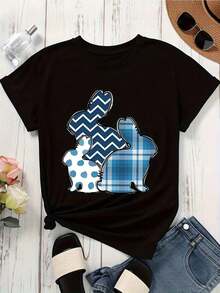 Camiseta de Mujer con Diseño de Familia de Conejos en Patrón Azul - Negro - Ver 4