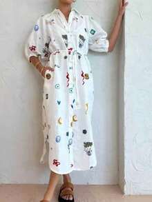 Shirt Dress With Print And Adjustable Belt, Spring 2026 - White - View 2
