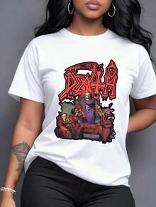 Artistic Illustration With Hooded Figures Toasting At A Mystical Gathering Under A Dripping Red Emblem Symbolizing The Connection Between Life And Eternity. Women's 100% Cotton Retro Urban Graphic Edition T-Shirt, Casual Short Sleeve. - 白色 - 查看 7