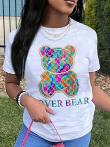 Slayr Unisex Women's T-Shirt With 'Never Bear' Print, Retro Multicolored Bear Design, Breathable And Comfortable, Round Neck, Short Sleeve, Casual, For All Seasons, Machine Washable, Fashionable Women's Clothing. - 白色 - 查看 1
