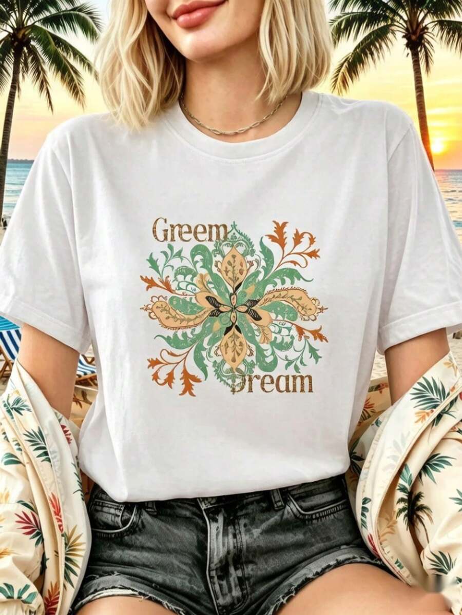 Vintage-Style Graphic T-Shirt For Football Fans, Featuring A Dreamy Green Mandala Floral Print. Soft To The Touch And Breathable Fabric, Unisex Loose Fit, Casual Streetwear, Perfect For Everyday Wear, Outdoor Activities, Music Festivals, Parties, Or As A Creative Gift For Friends. - 白色 - 查看 1