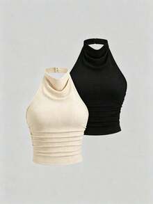 piezas Nuevo top sin espalda elegante y sexy con cuello halter y drapeado, unicolor verde/negro, casual y versátil Y2K - Multicolor 2 - Ver 1