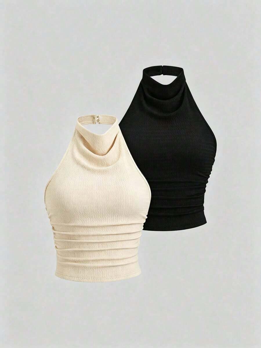 piezas Nuevo top sin espalda elegante y sexy con cuello halter y drapeado, unicolor verde/negro, casual y versátil Y2K - Multicolor 2 - Ver 1