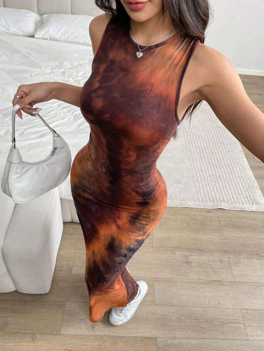 Vestido largo de mujer de verano con estampado floral, tirantes y silueta ajustada.Vestido largo azul, vestido teñido anudado, vestido largo ajustado, vestido largo y sexy, vestido único, vestido sin mangas, vestidos elegantes de mujer, vest - Marrón - Ver 1