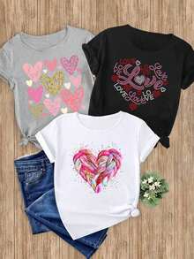 Women's T-Shirts, 1-Piece Set With Heart Print, 1-Piece Elegant, Casual, Sporty, Gift, Soft, Machine Washable, Short-Sleeved Top With Round Neck. - 1件白色隨機圖案 - 查看 6