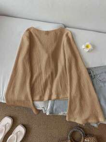Blusa casual de mujer de manga acampanada con lazo, unicolor, top color burdeos, top rojo vino, top rojo oscuro, ropa estilo cottagecore, blusas rojas para mujer, casual - Caqui - Ver 2