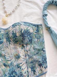 Blusa de tirantes con estampado floral vintage bohemio, elegante y tropical, ideal para vacaciones, boda en la playa, graduación, brunch, Día de San Patricio, Spring Break, Pascua, festivales de música, otoño/invierno - Azul - Ver 5