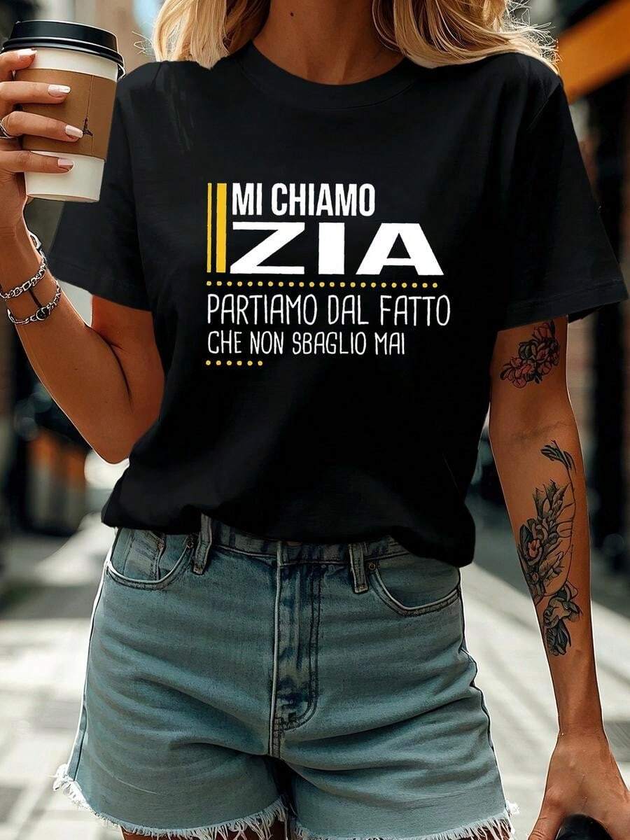 One Classic And Versatile Piece, A Pure Cotton Short-Sleeved T-Shirt Ideal For Any Season. Italian Woman MI CHIAMO ZIA Aunt, Modern Style.Jpg - 黑色 - 查看 1