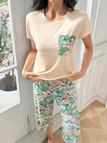 pijama de pantalón capri y blusa de manga corta con bolsillo y estampado floral de colores contrastantes, pijama de verano para mujer - Multicolor - Ver 6