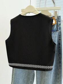 Chaqueta sin mangas con bordado floral para mujer - Negro - Ver 2