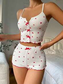 pijama / Pijama con estampado de corazón, ribete contrastante y lazo delantero - Blanco - Ver 3