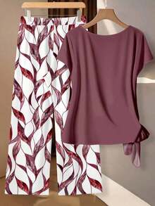 Clasi Conjunto de 2 piezas de blusa con moño elegante y minimalista en color rosa, combinada con pantalones de pierna ancha con estampado floral, adecuado para el verano - Multicolor 3 - Ver 3