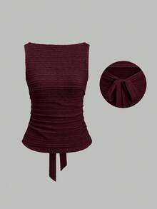 Camiseta casual de mujer con cuello redondo y volantes en el borde, de color liso - Burdeos - Ver 7