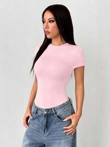 Body ajustado de mujer casual de corte slim en color liso - Rosa Pálido - Ver 3
