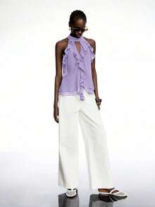Top halter elegante de unicolor con volantes para mujer - Morado - Ver 7